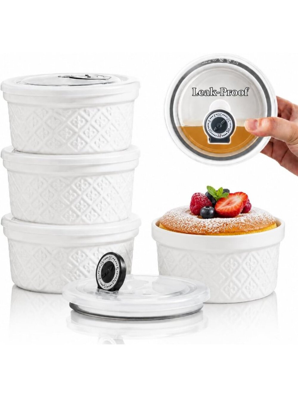 Oven Safe Mini Ramekins Set of 4 - 16 oz Porcelain Souffle Dishes with Lids